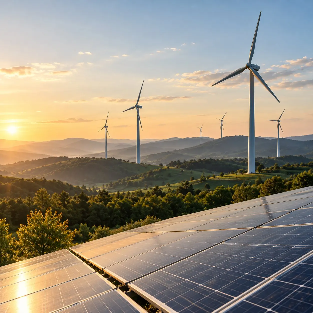 Wind turbines and solar panels in a hilly landscape