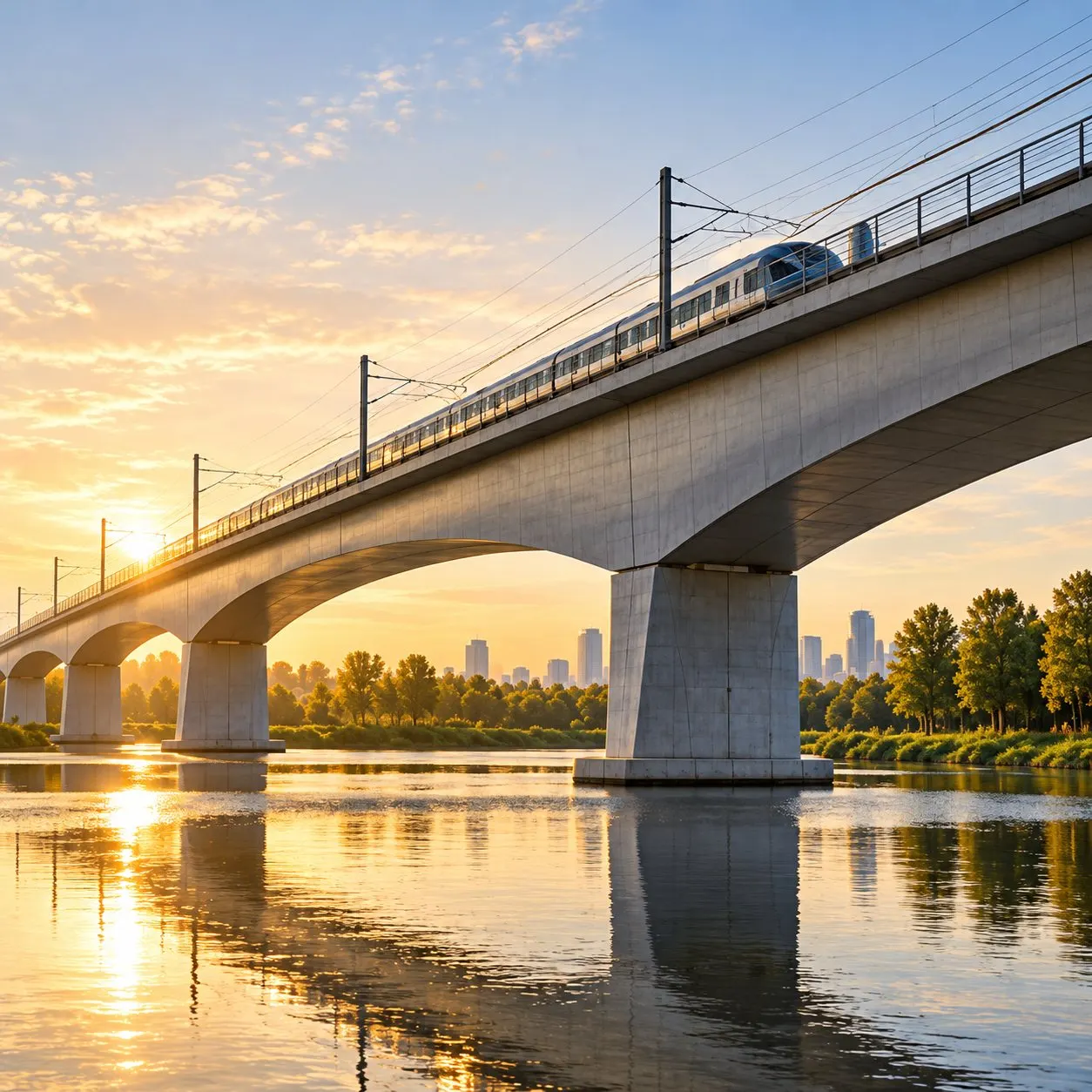 Concrete railway bridge over a river at sunrise
