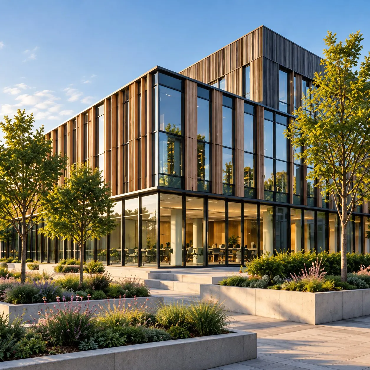 Modern office building with timber facade and landscaped forecourt