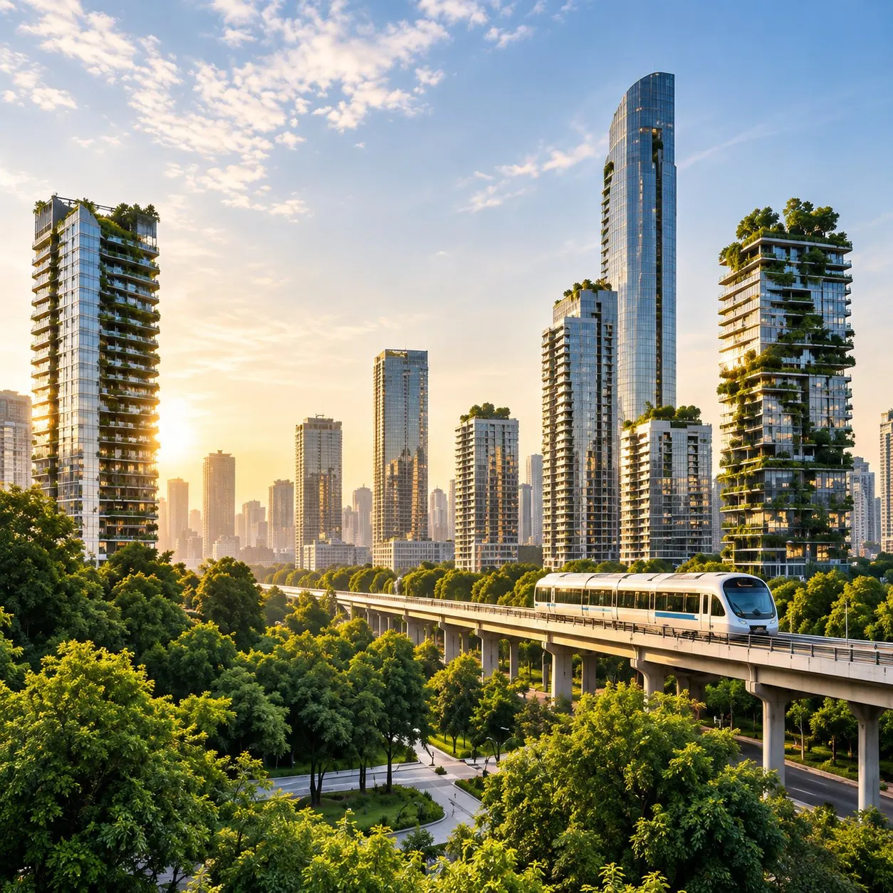 Green high-rise towers and an elevated train in a modern city