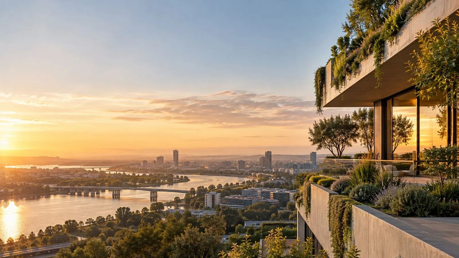 View from a green terrace over river and city in evening light